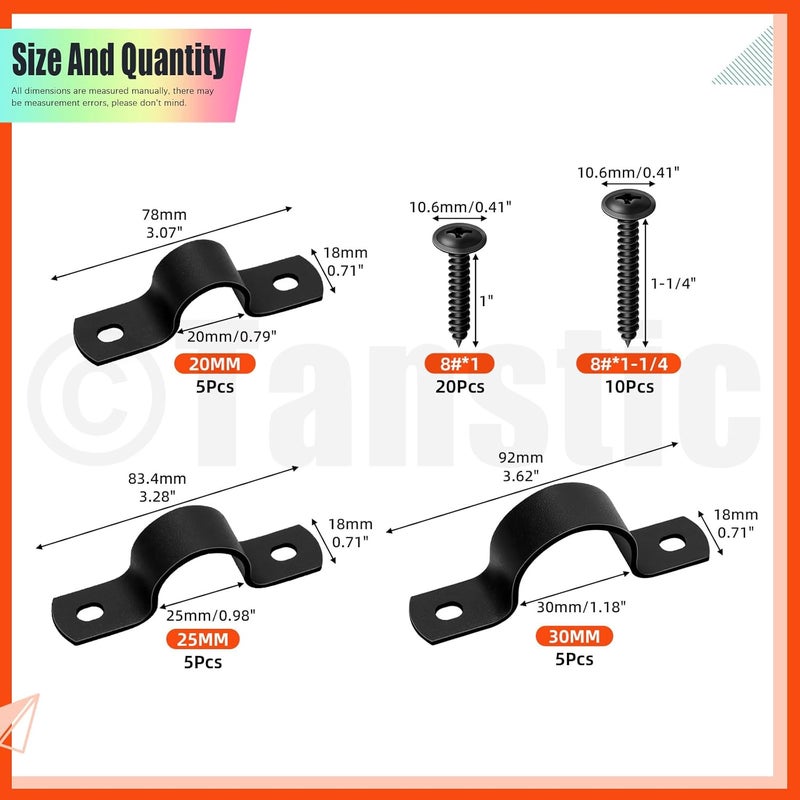 Tanstic 15Pcs Black Two Hole Pipe Strap, 3/4” 1” 1-1/4” Two Hole Strap U Bracket Rigid Pipe Strap Pipe Strap Clamp with Phillips Modified Truss Head Wood Screws for Fixing Pipe, Conduit, U Bracket - Image 2